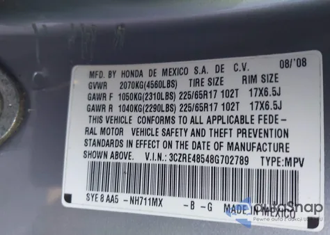 2008 Honda Cr-V Ex from USA, damaged, VIN 3CZRE48548G702789